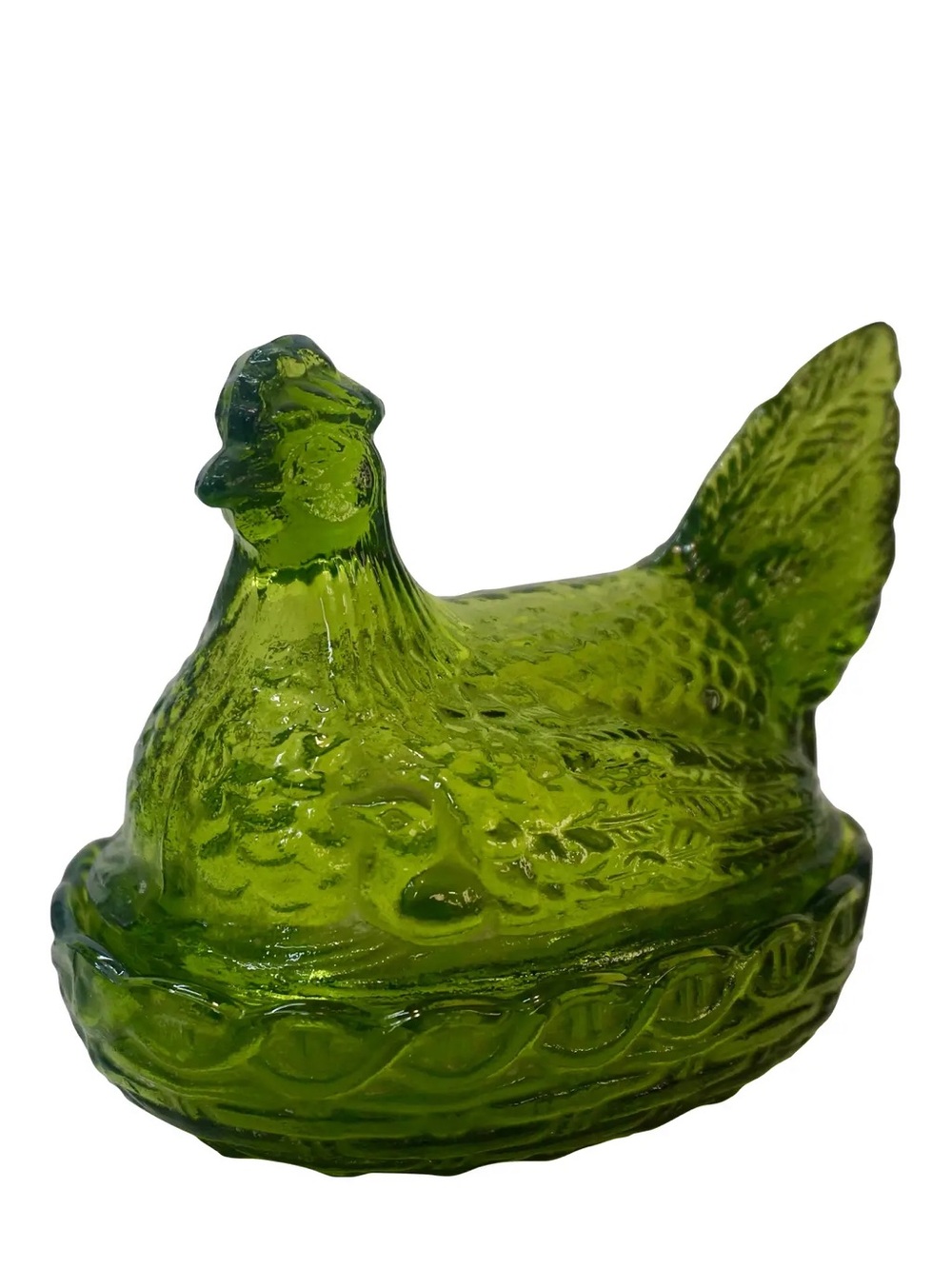 Vintage Mid-Century Modern Olive Green Glass Hen on Nest